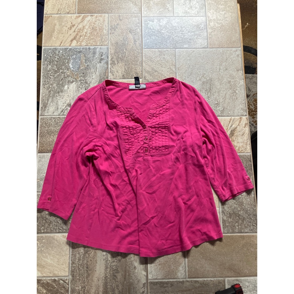 Karen Scott Woman Pink‎ 1X 3/4 Sleeve V-Neck Pintuck Button Detail Cotton Top